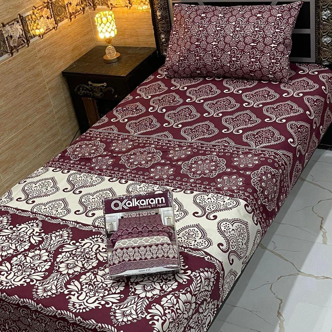 Luxurious Printed Mix Cotton Single Bedsheet Set - 4 Pcs in Maroon