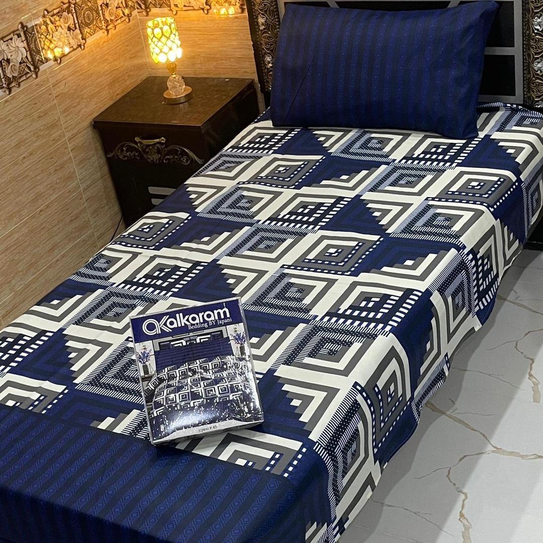 Charming Blue Printed Single Bedsheet Set - 4 Pcs Cotton Mix
