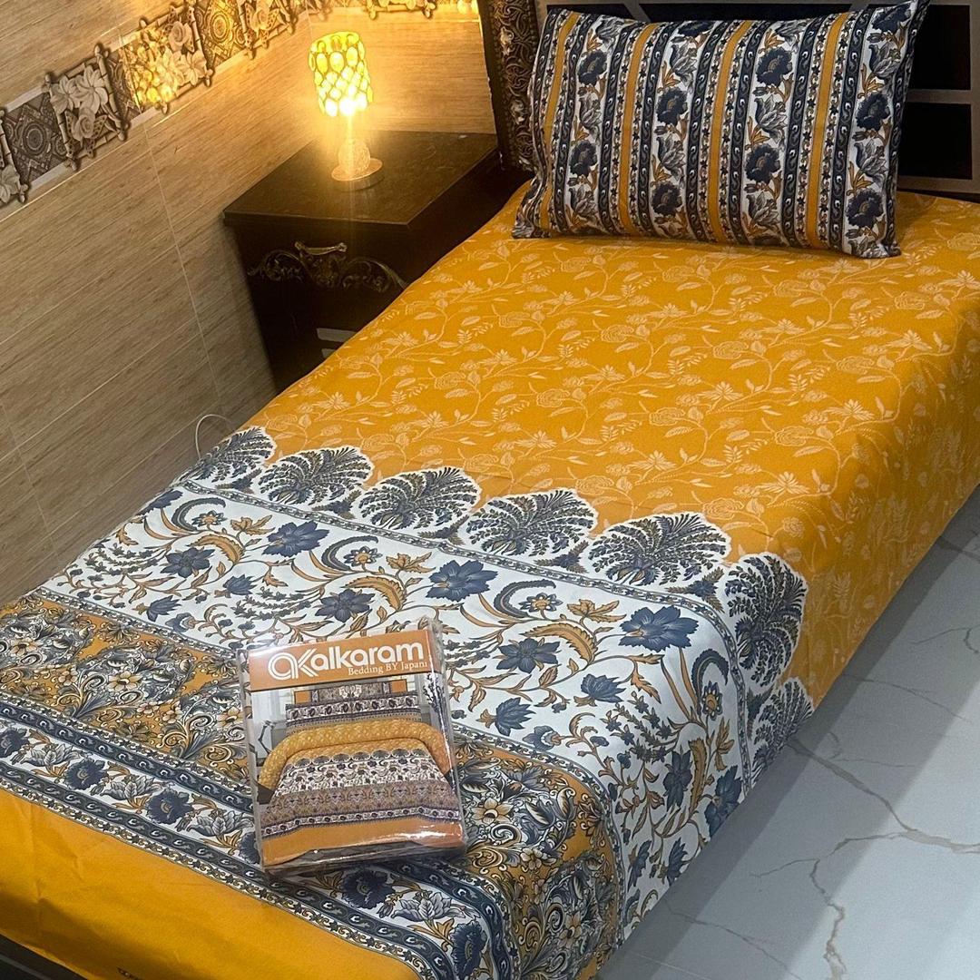 Charming Printed Mix Cotton Single Bed Set - 4 Pcs (Mustard)