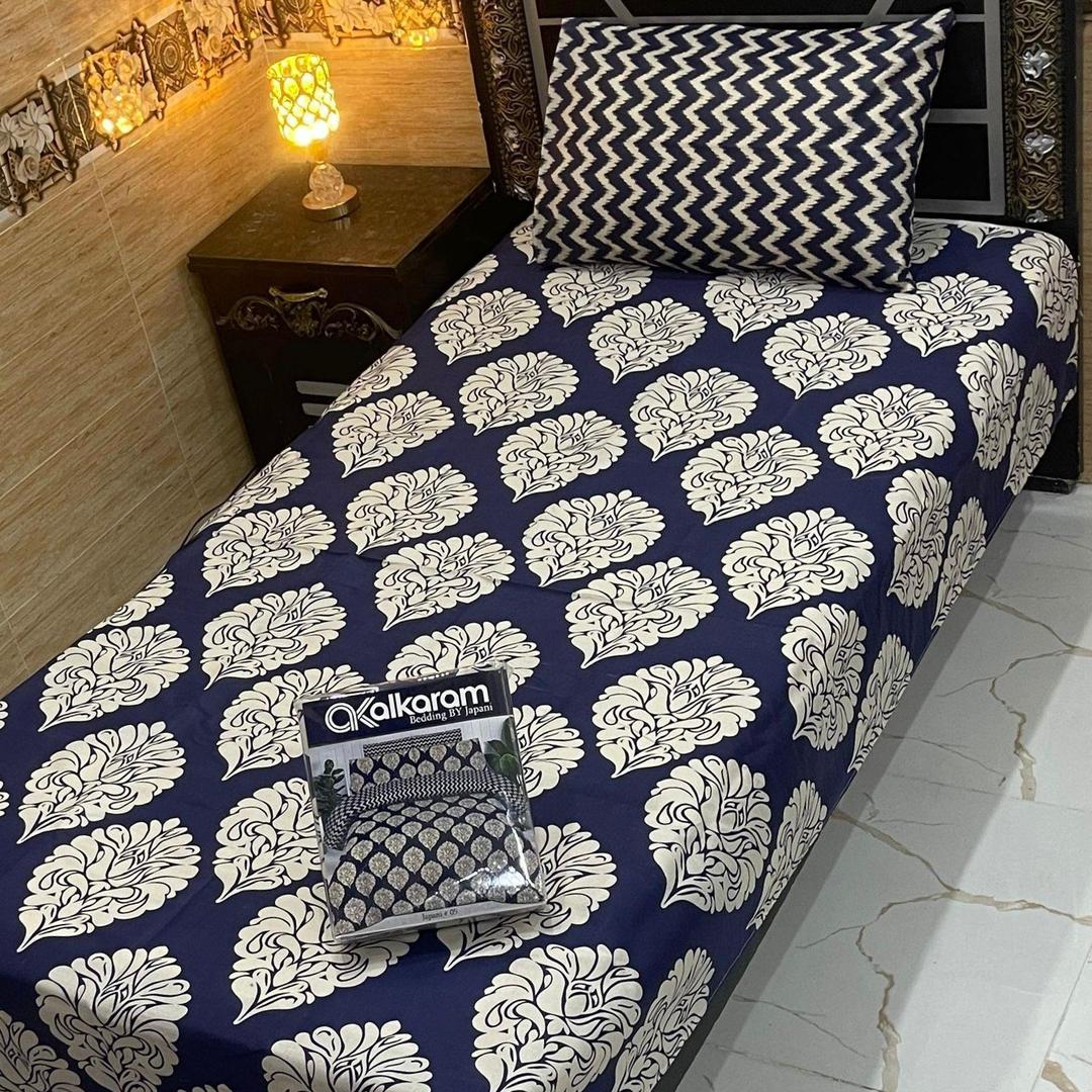 Charming Printed Mix Cotton Single Bedsheet Set - 4 Pcs in Blue