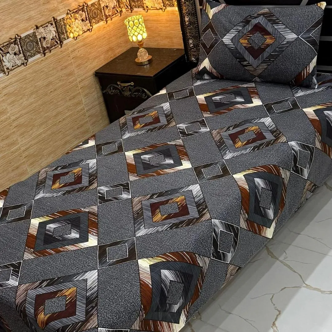 Grey Printed Crystal Cotton Single Bedsheet Set 4 Pcs