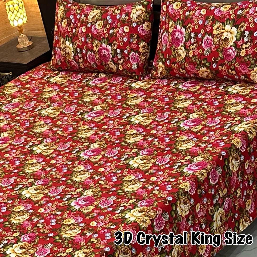 Luxurious Double Bedsheet Set - 3 Pcs Crystal Cotton with Printed Design in Maroon