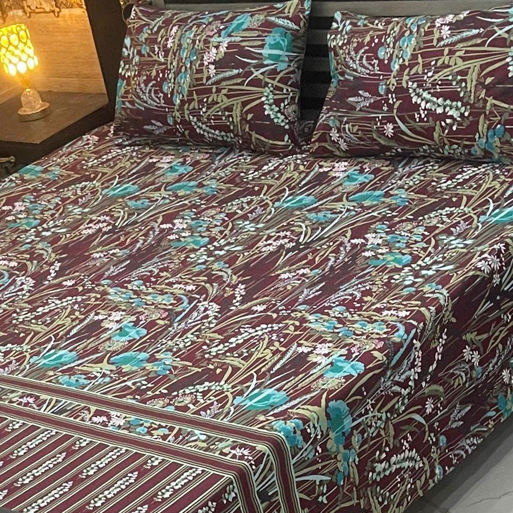 Cozy 3 Pcs Double Bedsheet Set in Luxurious Crystal Cotton - Printed Design - Brown