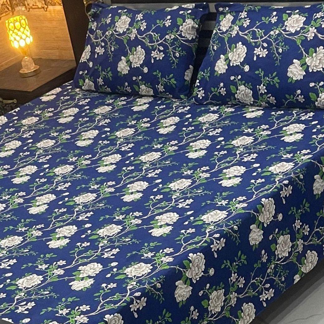 Luxurious Double Bedsheet Set - 3 Pcs Crystal Cotton Printed in Blue