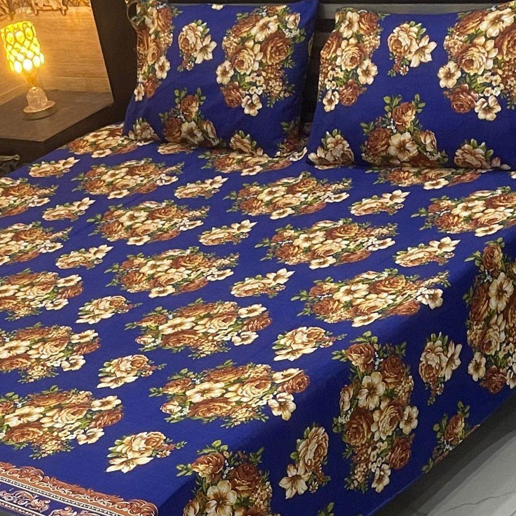 Luxurious Double Bedsheet Set - 3 Pcs Crystal Cotton Printed in Blue