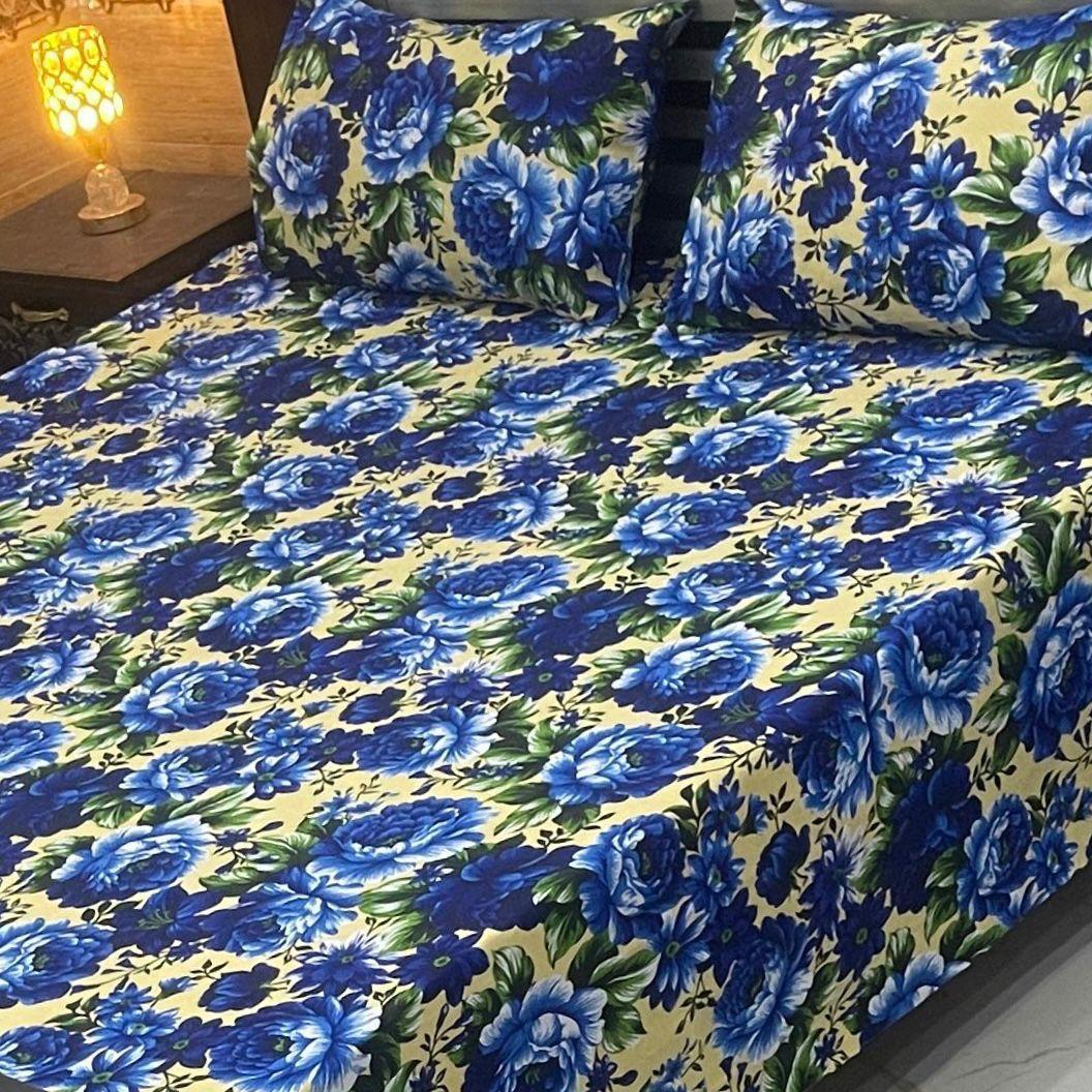 Luxurious Double Bedsheet Set - 3 Pcs Crystal Cotton Printed in Blue