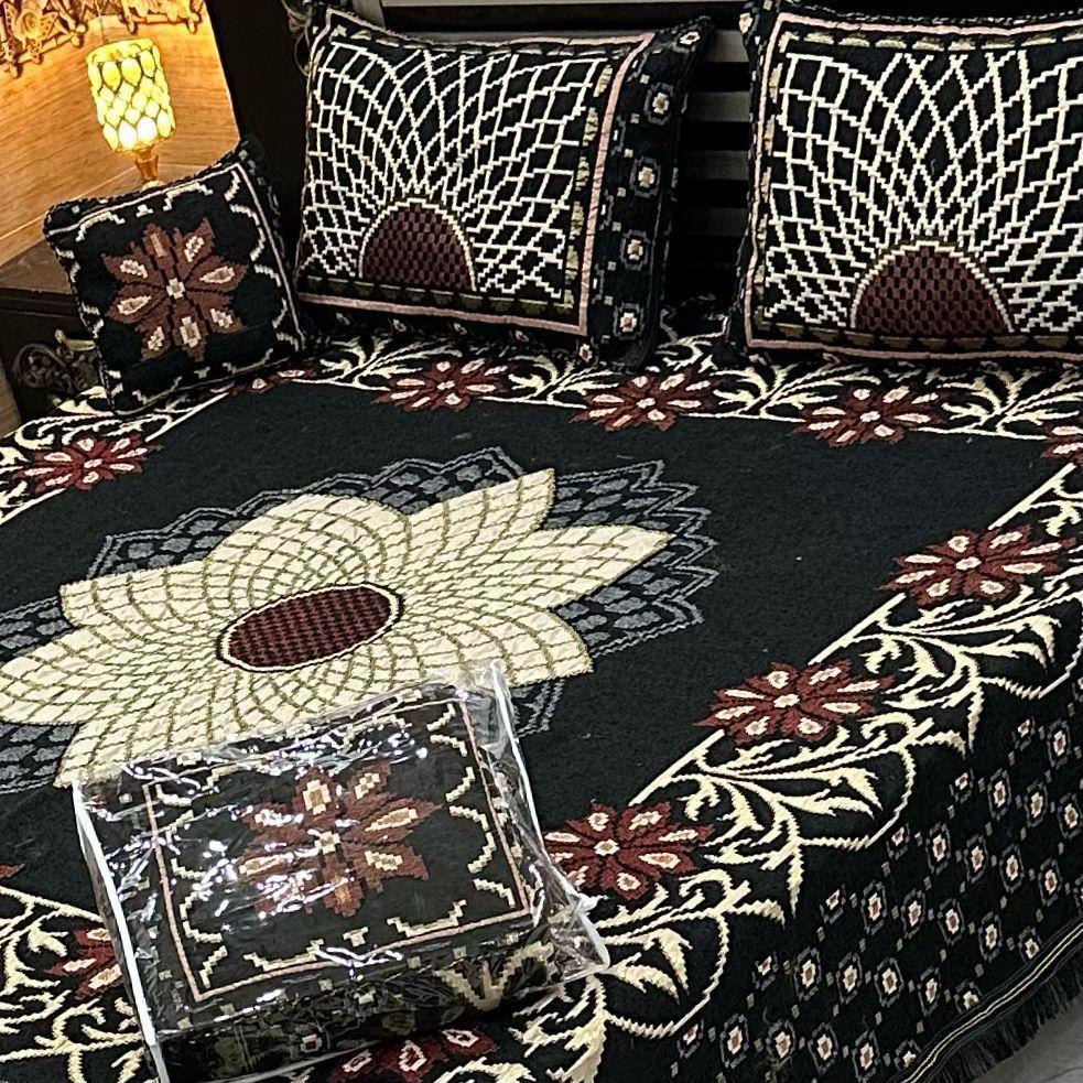 Luxurious Black Velvet Jacquard Embroidered King Size Bed Set - 4 Pcs