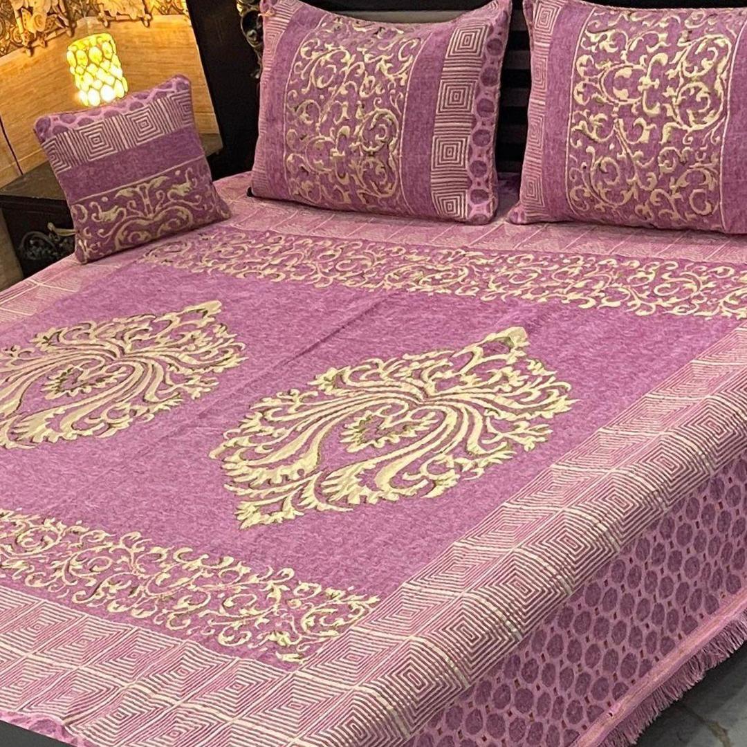 Luxurious Velvet Jacquard Embroidered King Size Bed Set - 4 Pcs