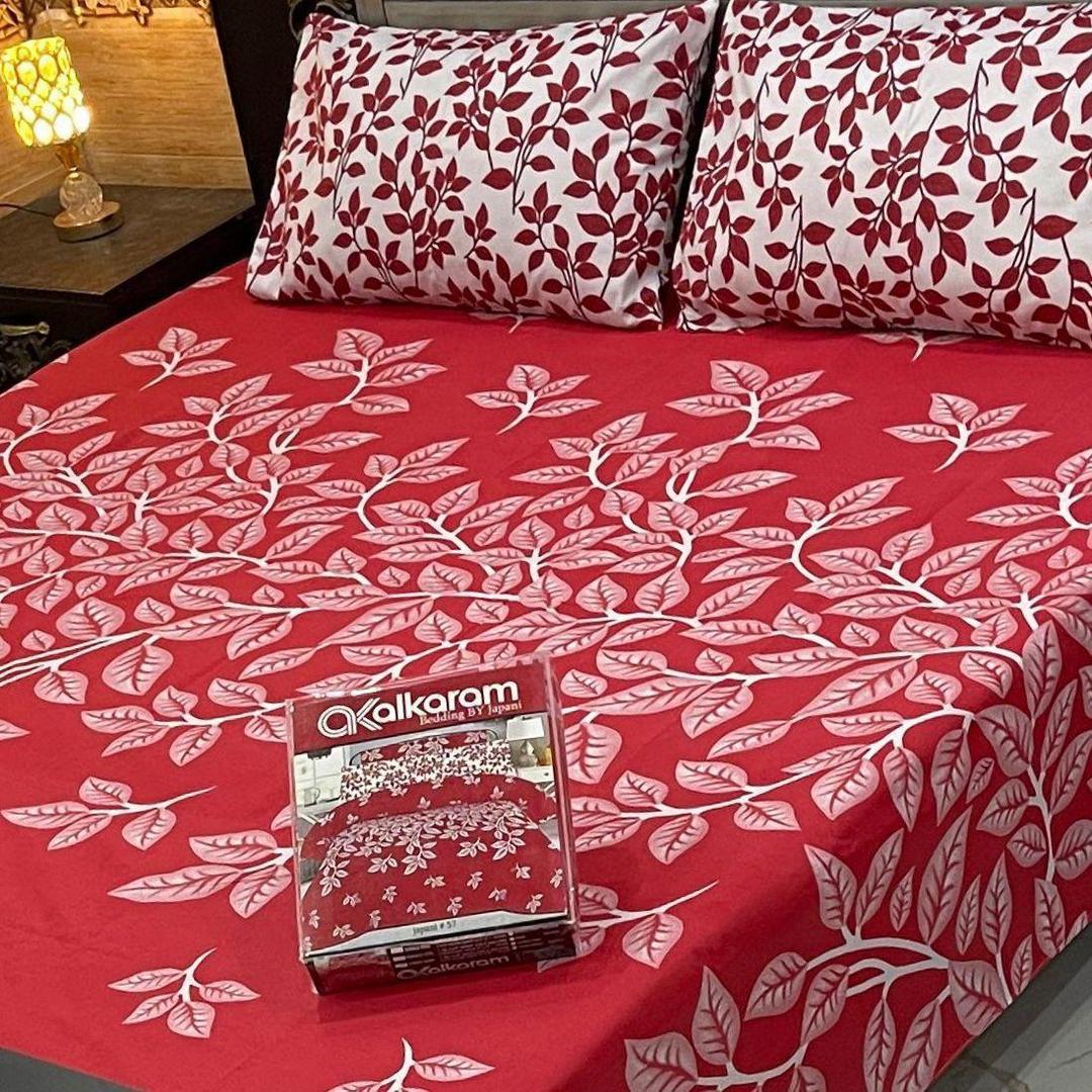 Vibrant Red Printed Double Bedsheet Set - 3 Pcs