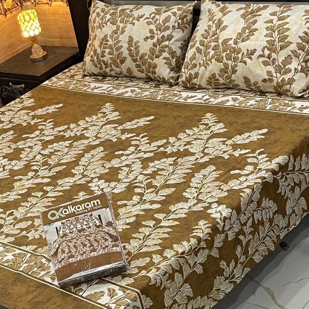 Luxurious Double Bedsheet Set - 3 Pcs Mix Cotton Printed in Brown