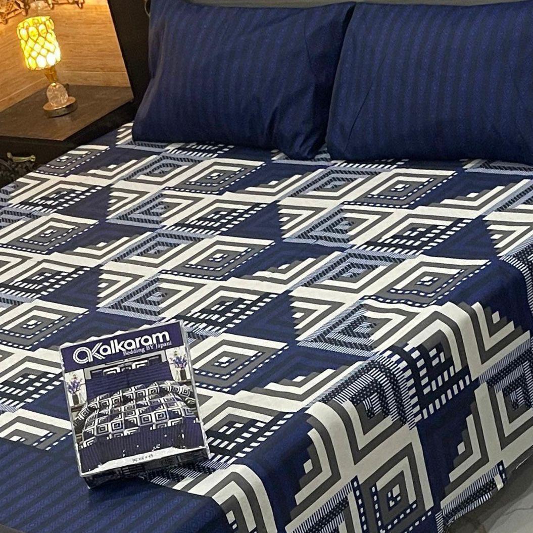 Luxurious Printed Double Bedsheet Set - 3 Pcs Mix Cotton in Blue