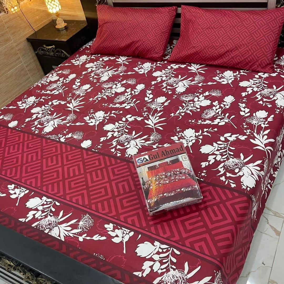 Double Bedsheet Set - 3 Pcs Mix Cotton Printed in Maroon