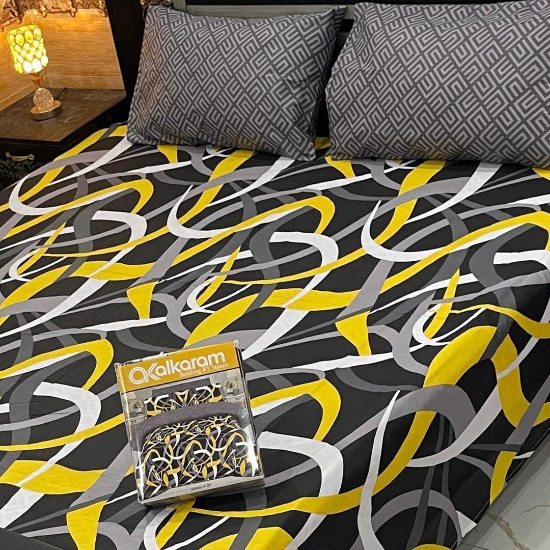 Luxurious Printed Cotton Mix Double Bedsheet Set - 3 Pcs in Black