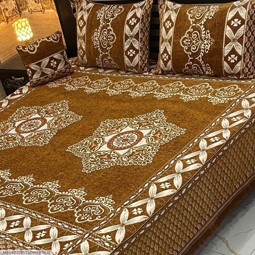 Velvet Jacquard Bedsheet Brown Double Bed 4 Pcs Set