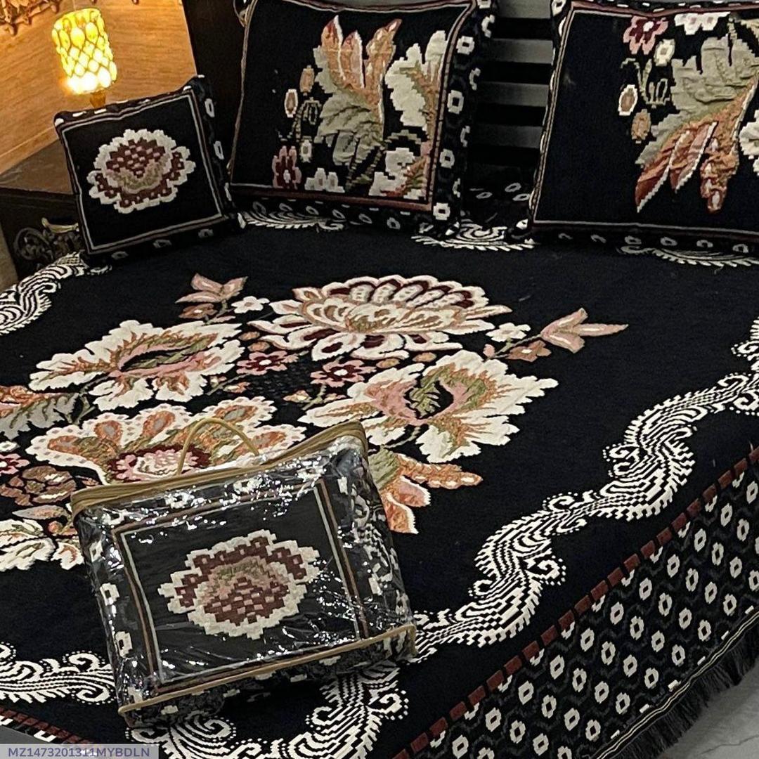 Velvet Jacquard Bedsheet Black Double Bed 4 Pcs Set