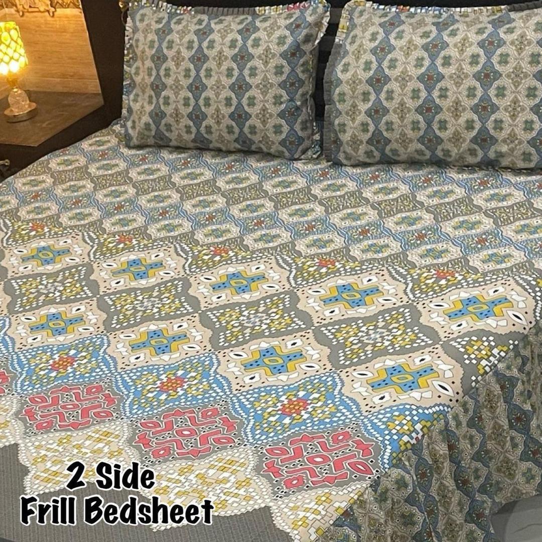 Luxurious King Size Double Bedsheet Set - 3 Pcs - Frill Mix Cotton Design