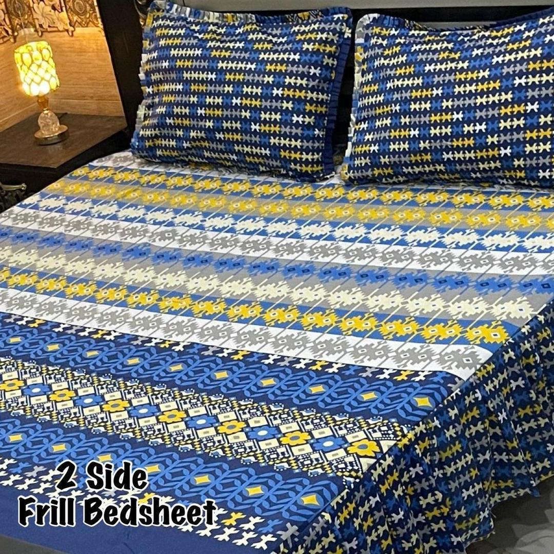 Luxurious King Size Double Bedsheet Set - 3 Pcs - Frill Mix Cotton Design