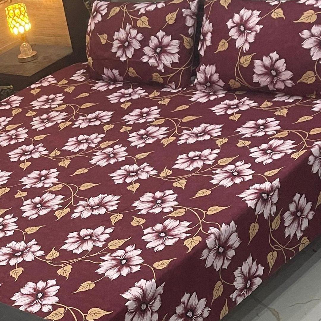 3 Pcs Crystal Cotton Printed Double Bedsheet