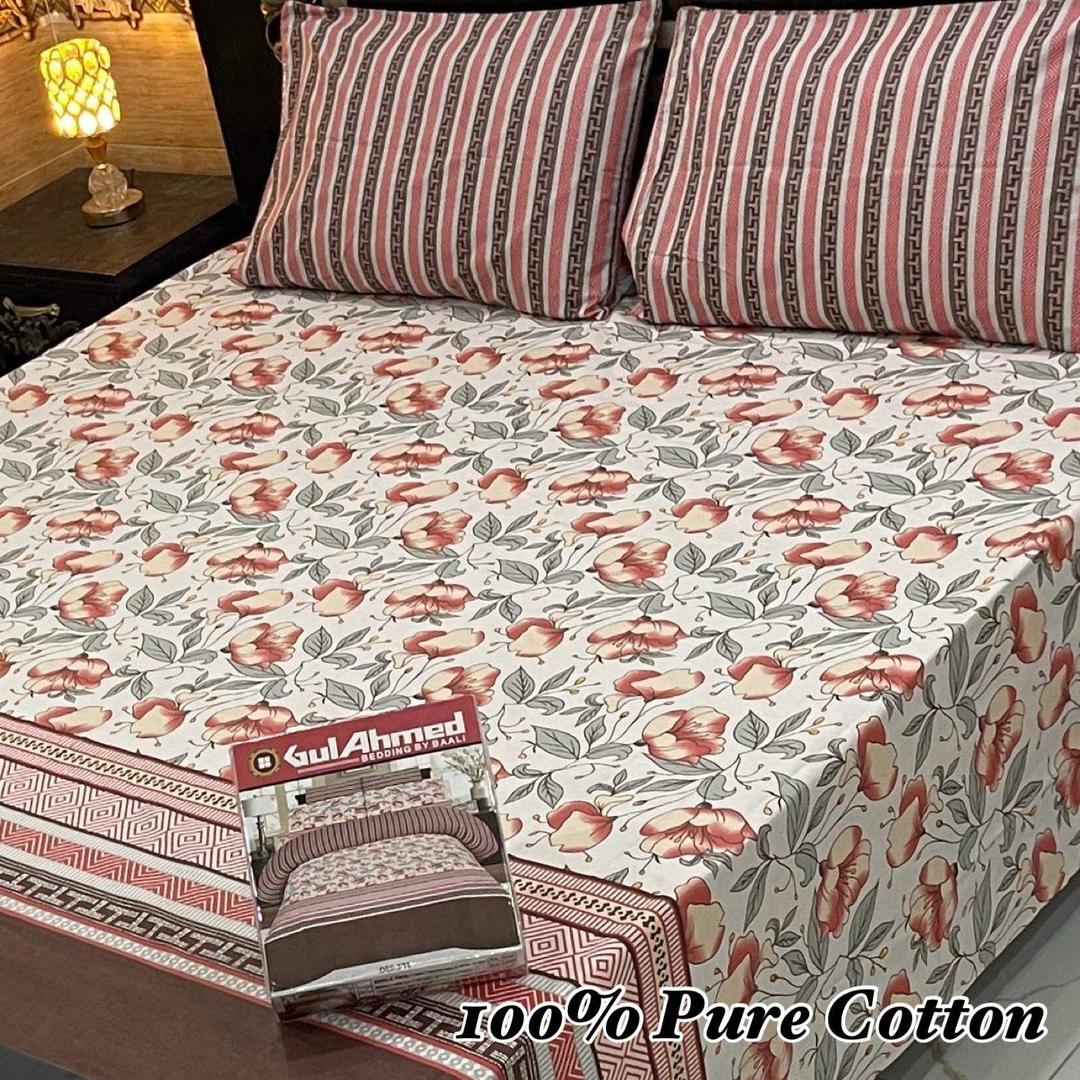 3 Pcs Cotton Printed Double Bedsheet