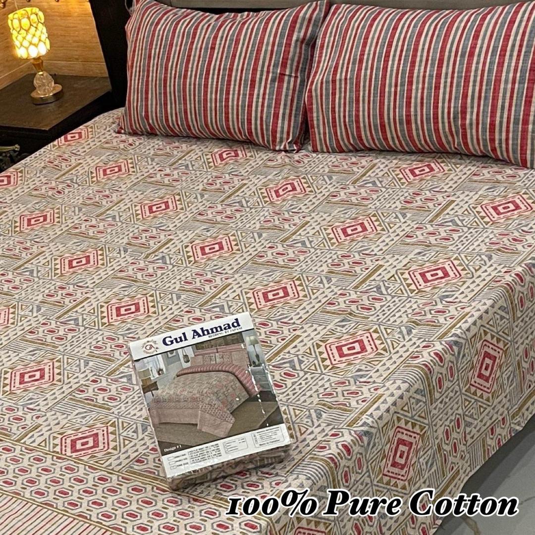 3 Pcs Cotton Printed Double Bedsheet