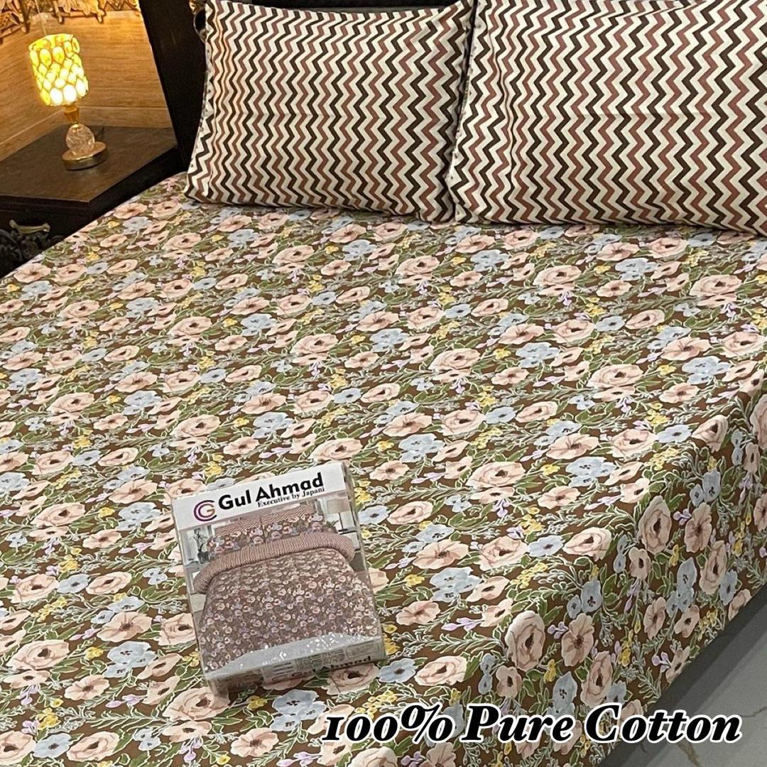3 Pcs Cotton Printed Double Bedsheet