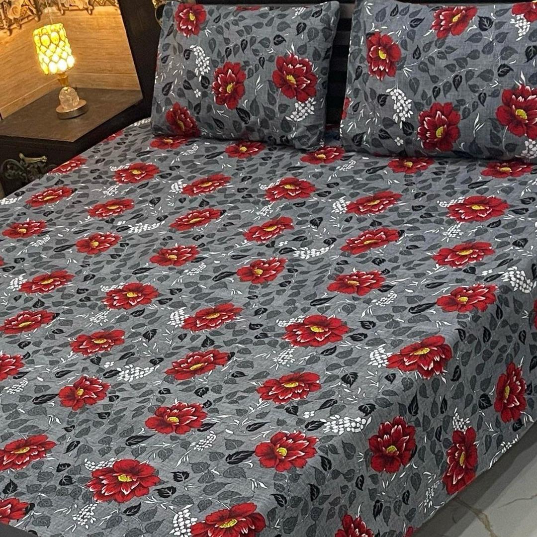 3 Pcs Crystal Cotton Printed Double Bedsheet