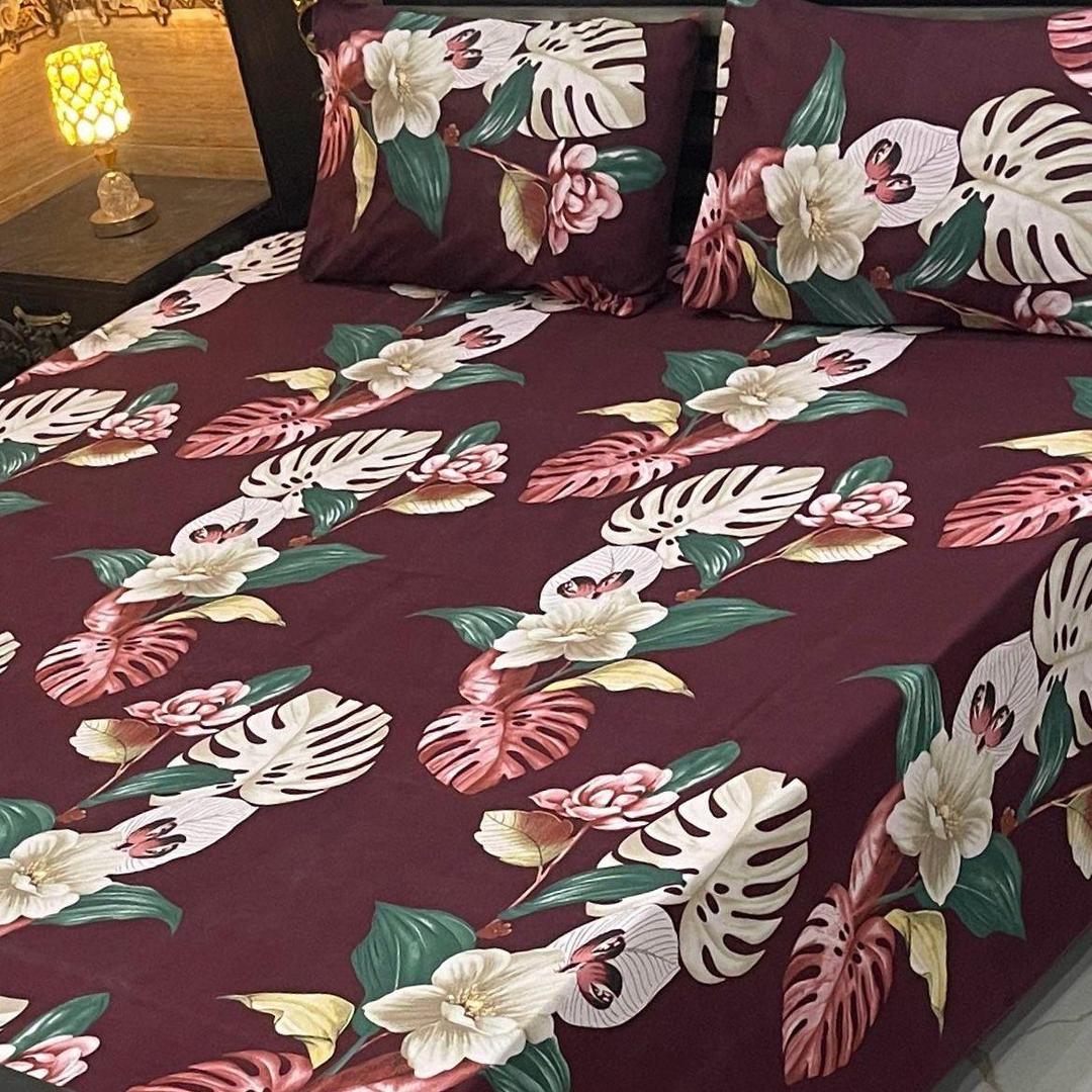 3 Pcs Crystal Cotton Printed Double Bedsheet