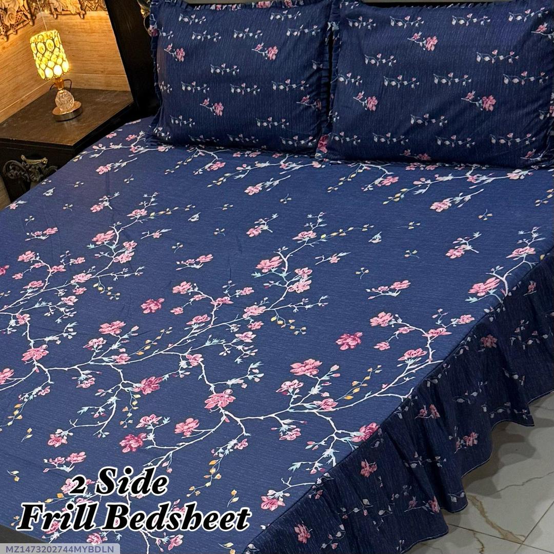 Double Bedsheet Cotton Salonica Frill Blue Pink Floral