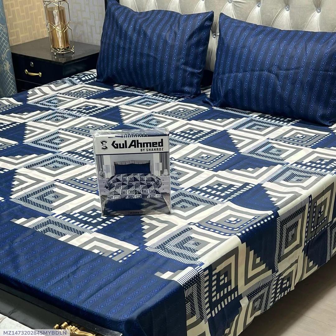 Blue Cotton Printed Double Bedsheet Set with Pillow Covers
