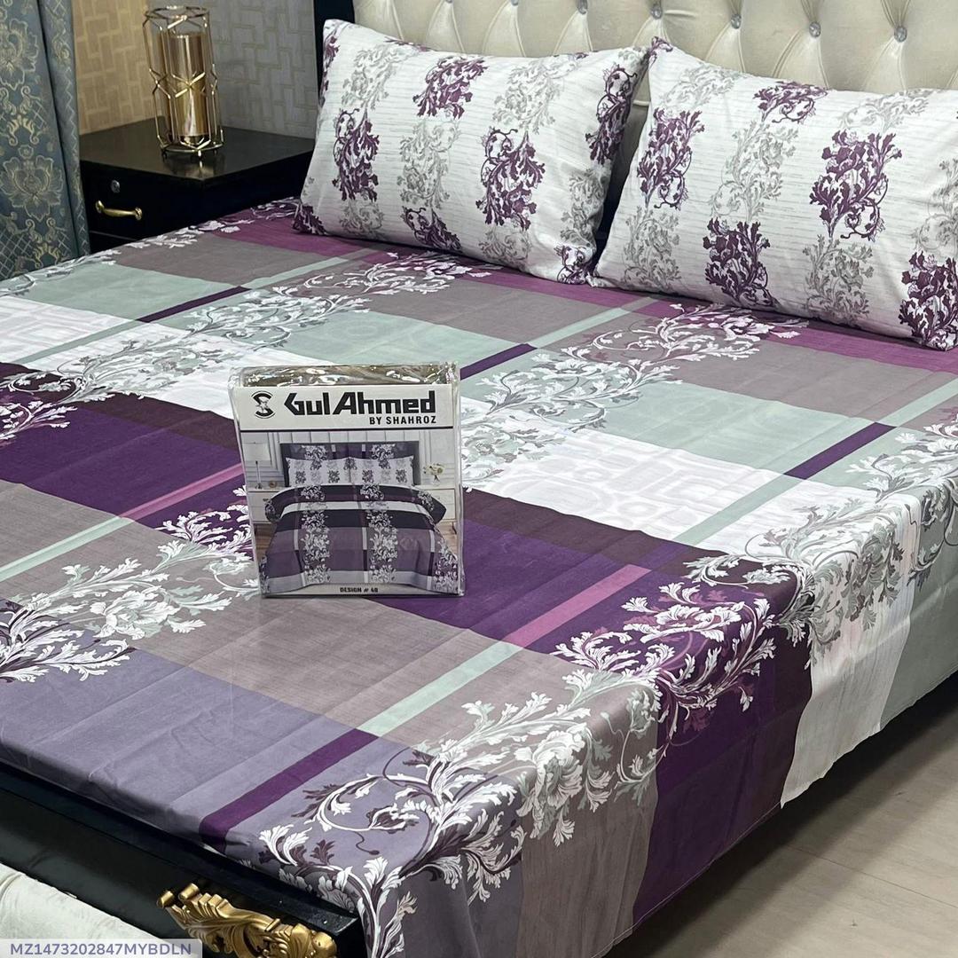 Cotton Salonica Printed Double Bedsheet Purple Floral 3 Pcs