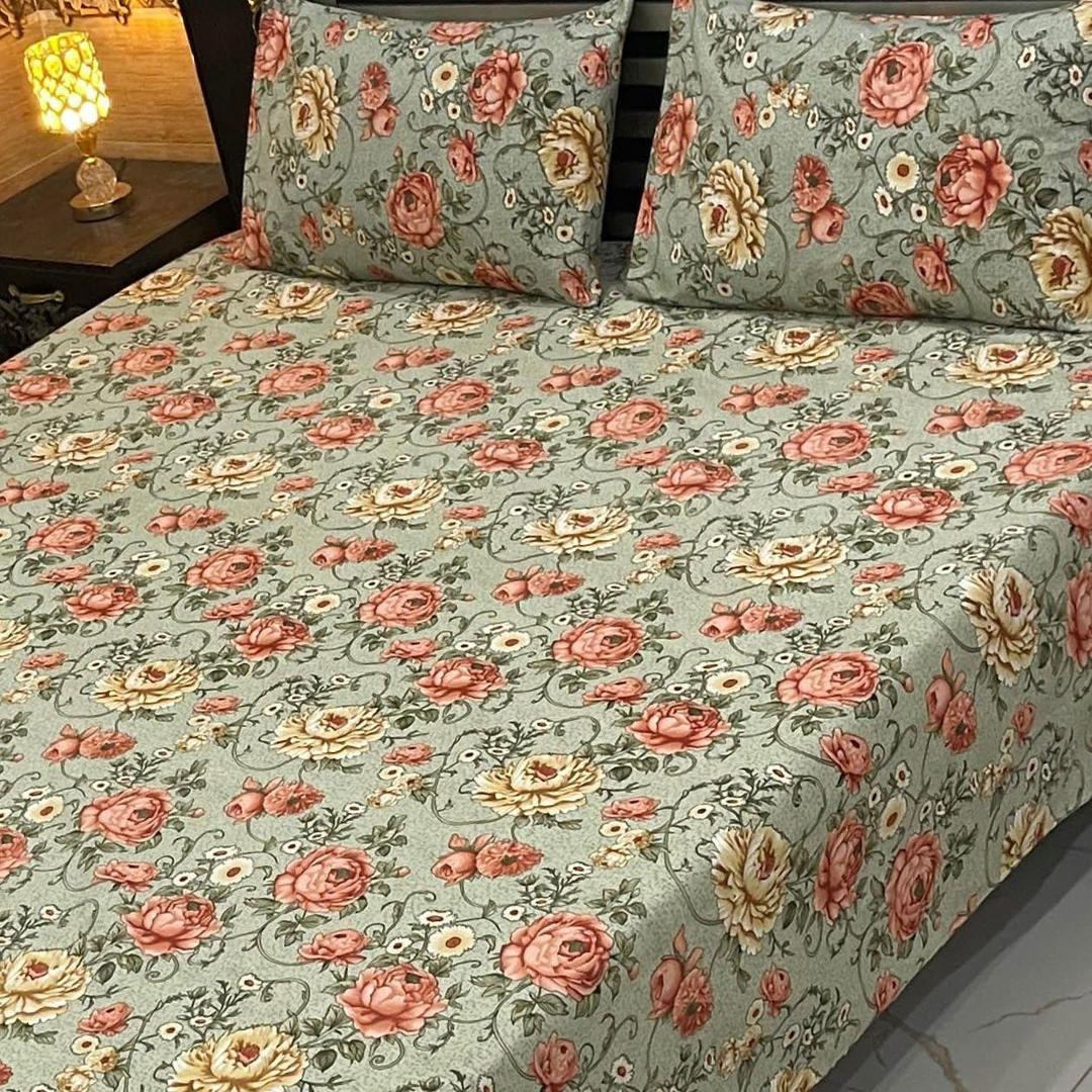 3 Pcs Crystal Cotton Printed Double Bedsheet