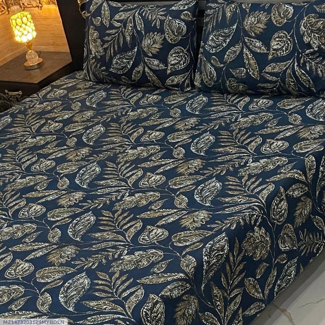 Crystal Cotton Printed Double Bedsheet Black Silver Leaf Pattern