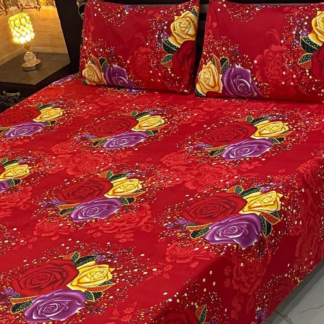 3 Pcs Crystal Cotton Printed Double Bedsheet