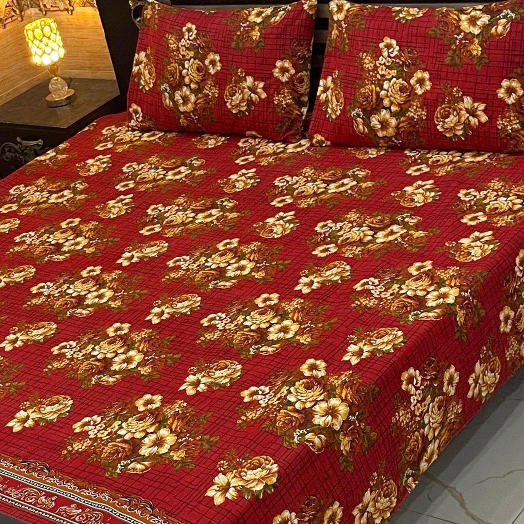 3 Pcs Crystal Cotton Printed Double Bedsheet