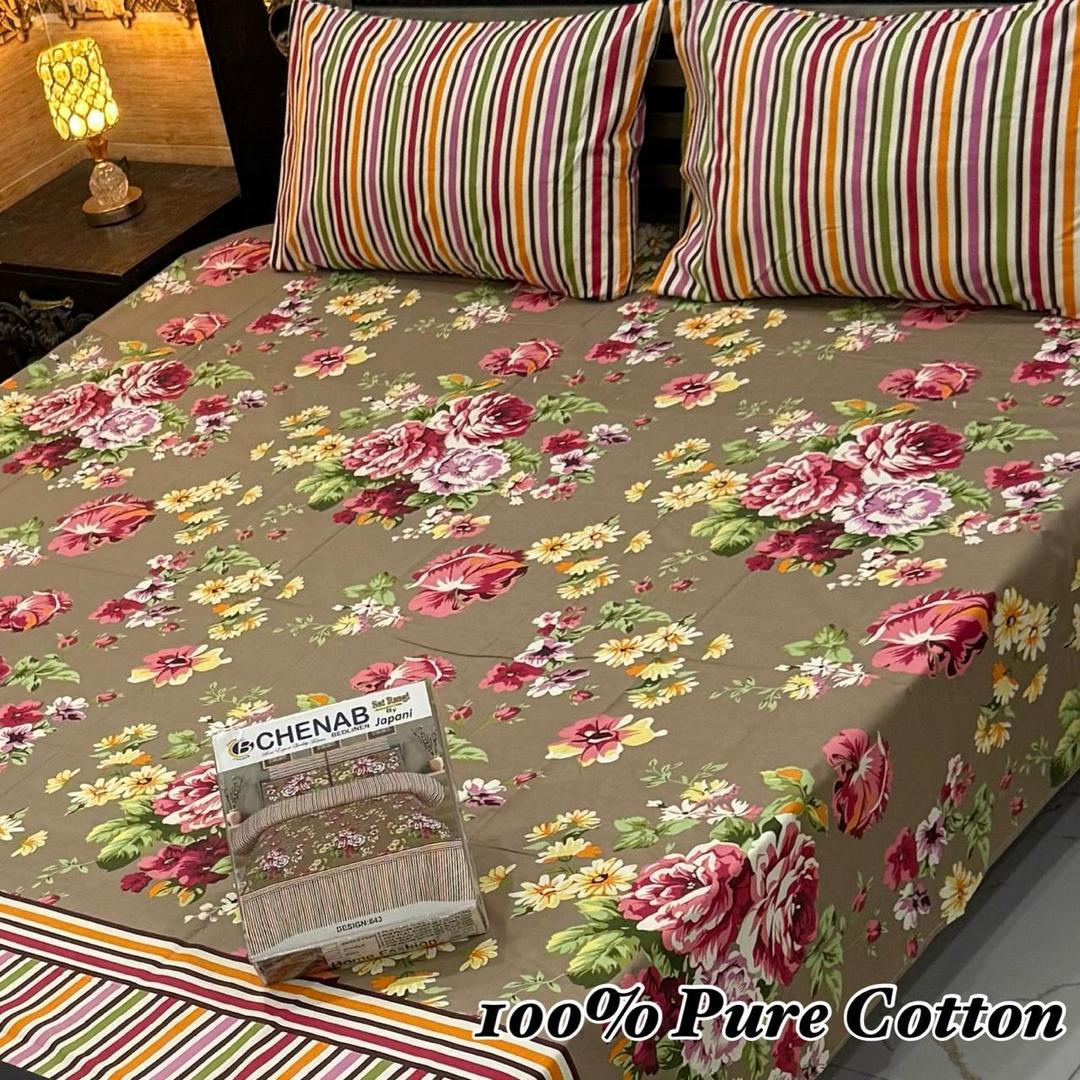 3 Pcs Cotton Printed Double Bedsheet