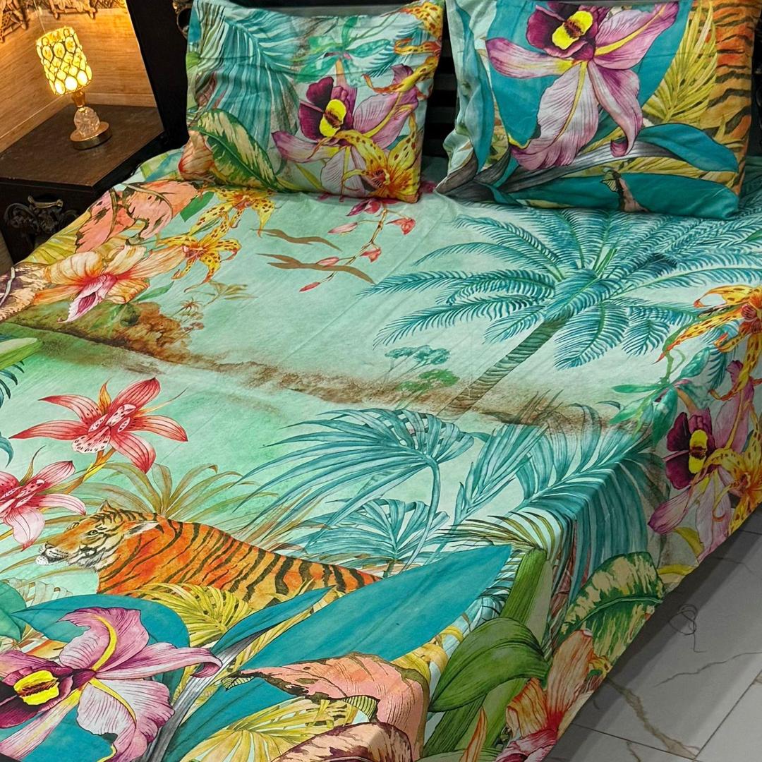 3 Pcs Cotton Printed Double Bedsheet