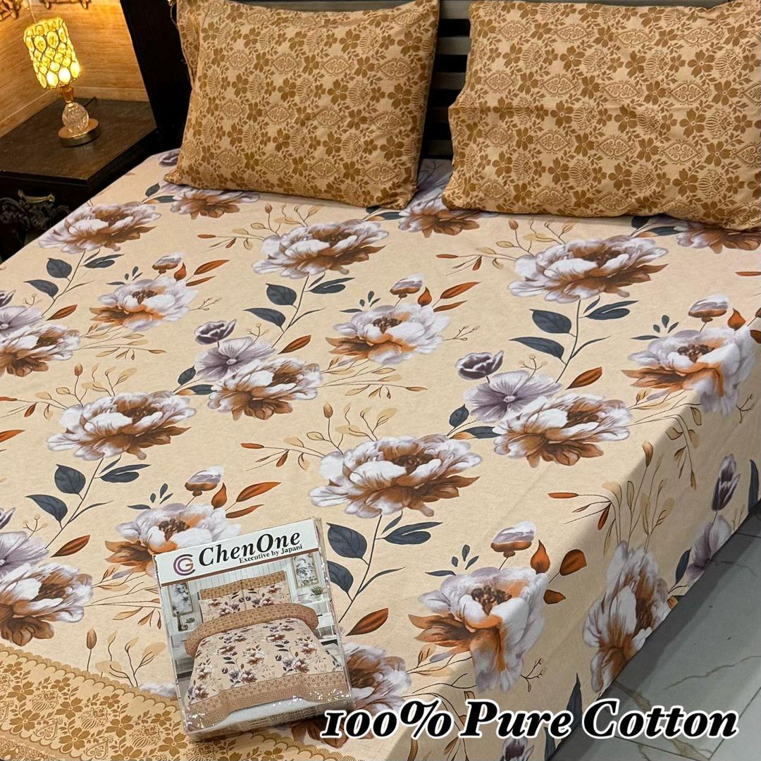3 Pcs Cotton Printed Double Bedsheet