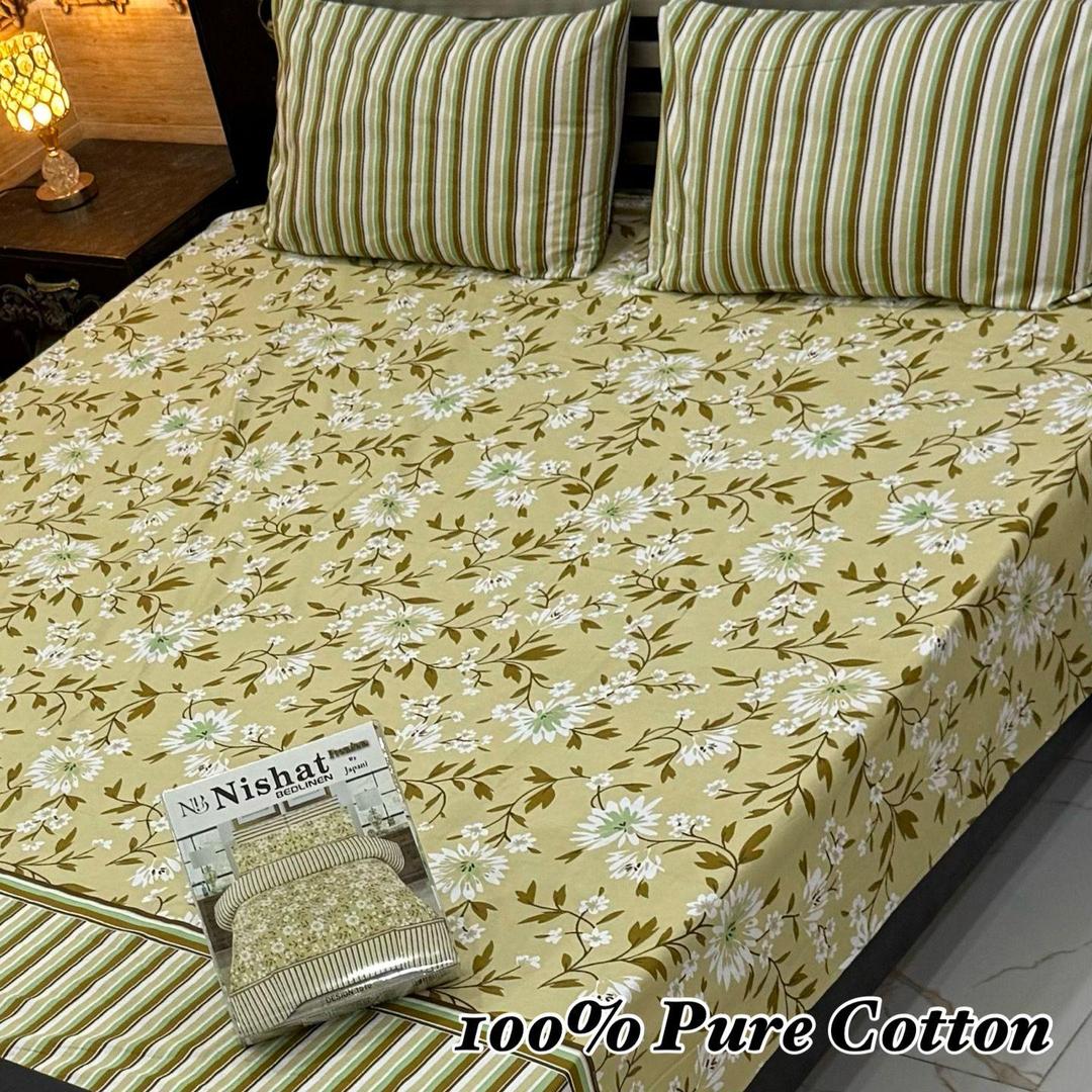 3 Pcs Cotton Printed Double Bedsheet