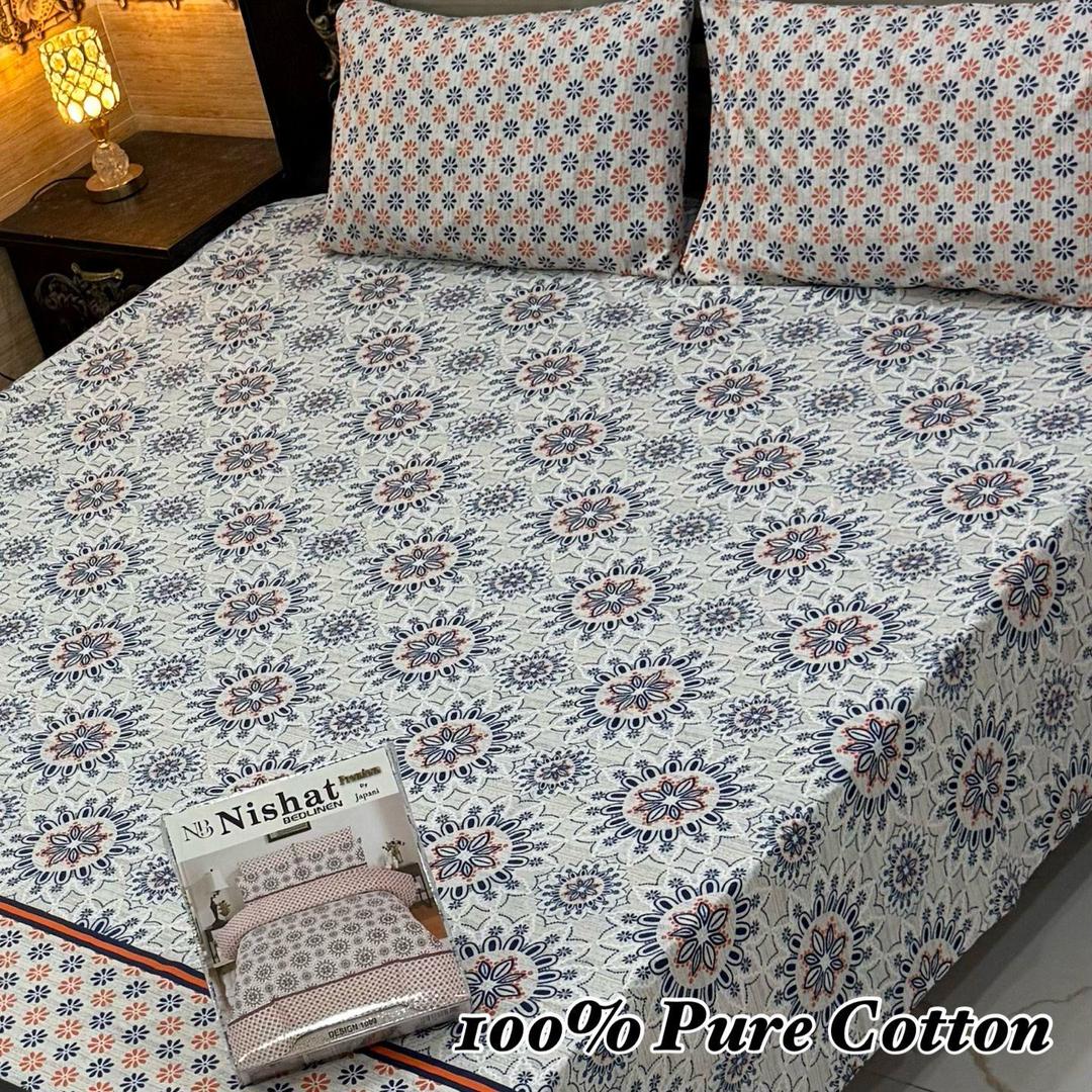 3 Pcs Cotton Printed Double Bedsheet
