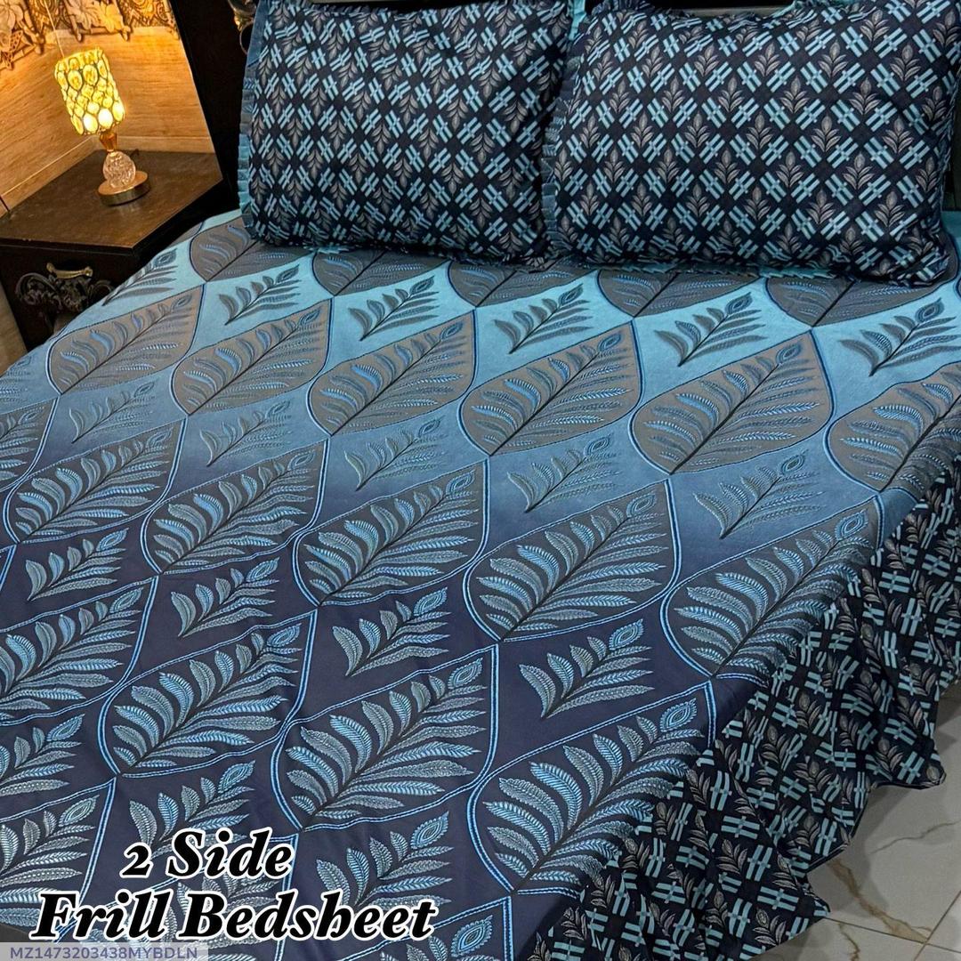 Cotton Frill Bedsheet Blue Leaf Double Size