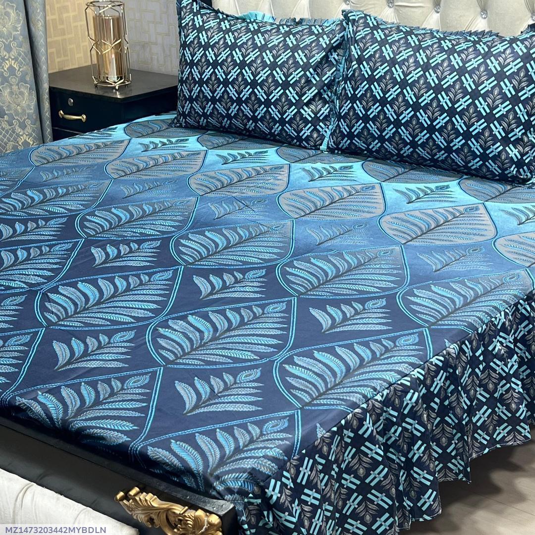 Double Bedsheet Blue Leaf Pattern Cotton Salonica Frill