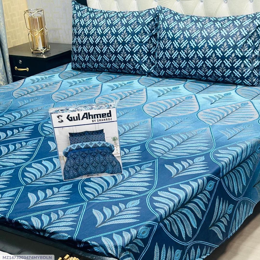Blue Cotton Salonica Double Bedsheet 3 Pcs Set