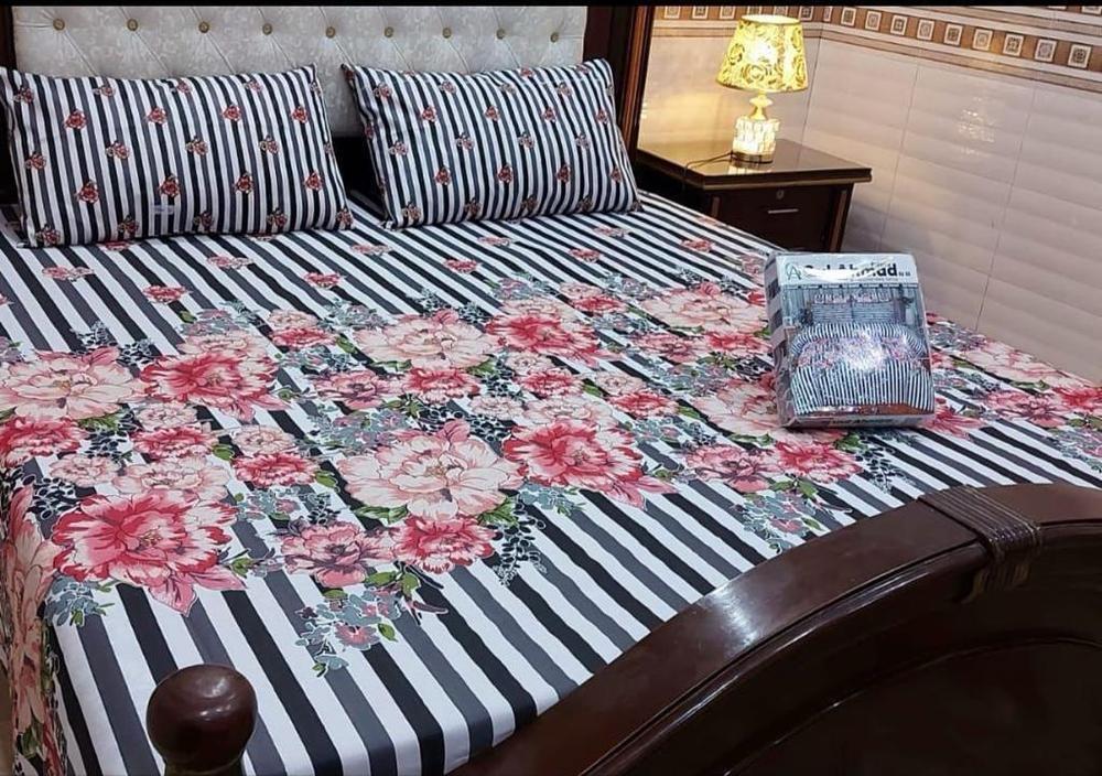 3 Pcs Cotton Salonica Printed Double Bedsheet