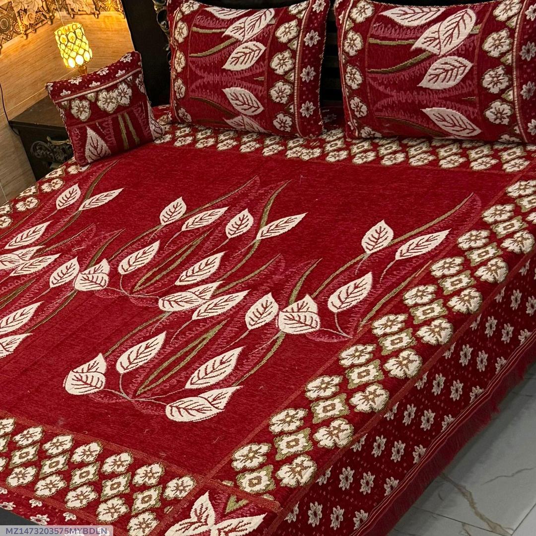 Red Velvet Jacquard 4Pc Double Bedsheet Set