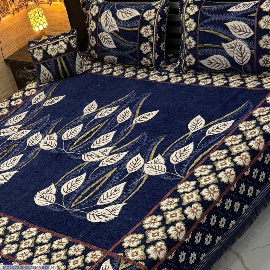 Blue Velvet Jacquard 4Pc Double Bedsheet Set