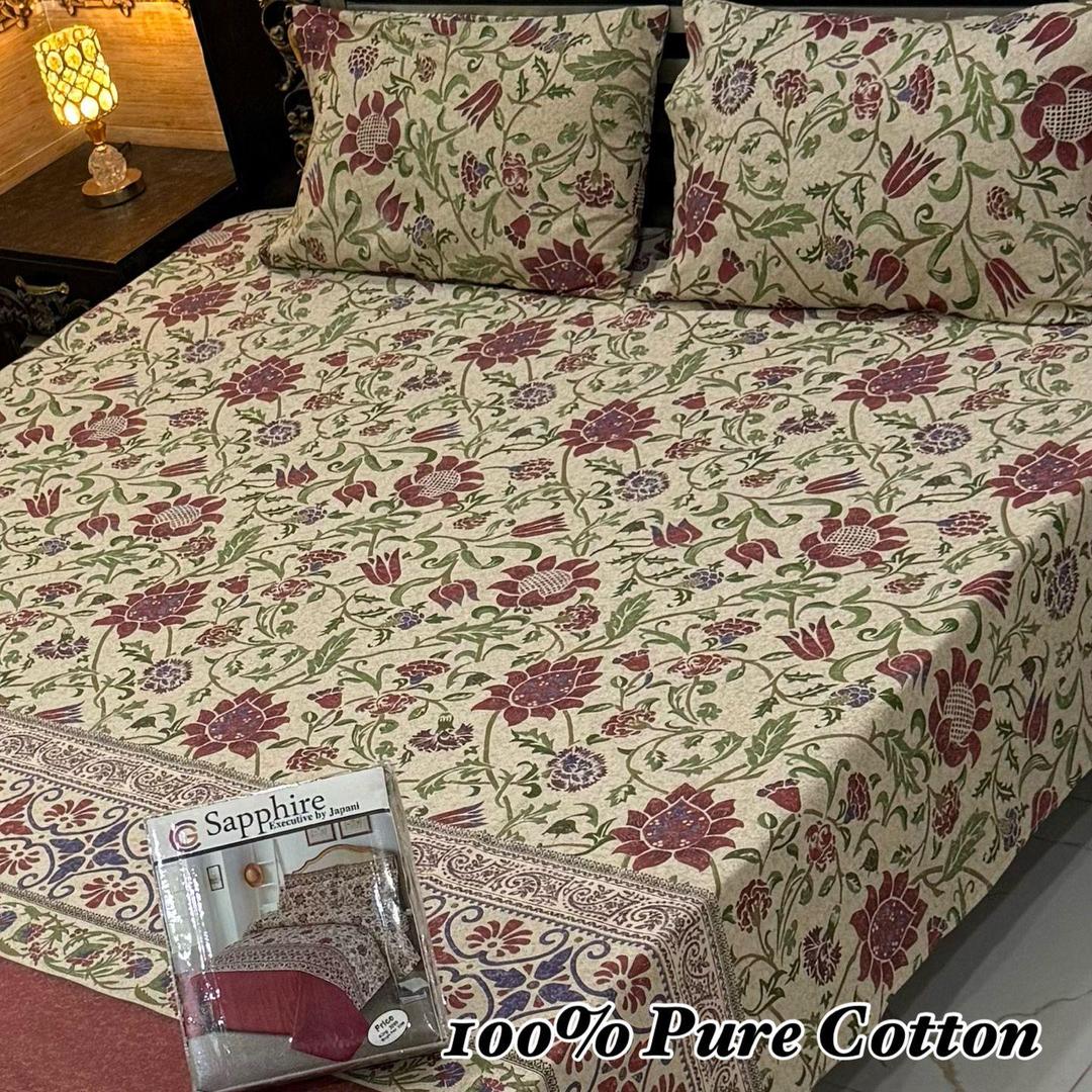 3 Pcs Cotton Printed Double Bedsheet