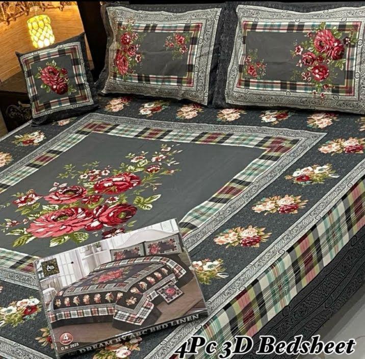 4 Pcs Crystal Cotton Printed Double Bedsheet