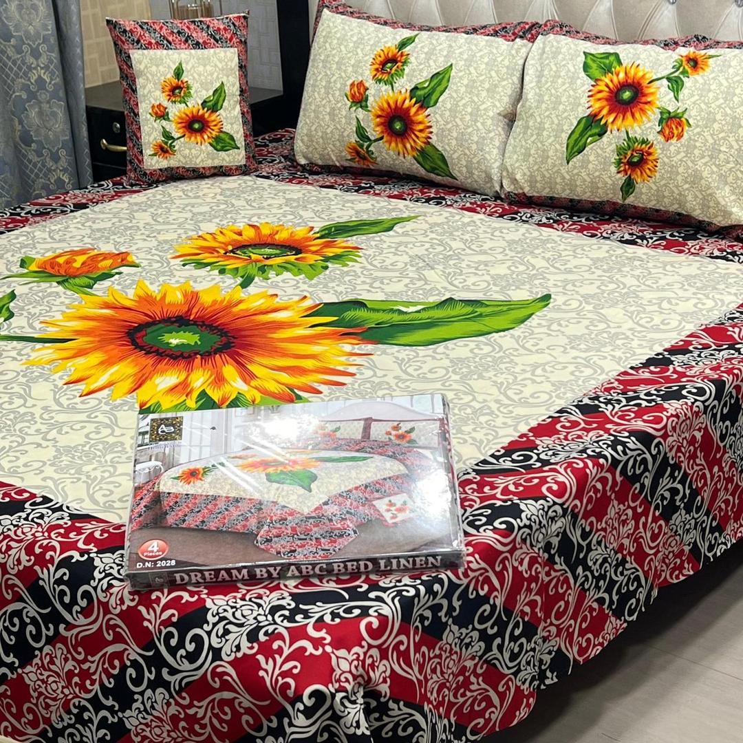 4 Pcs Crystal Cotton Printed Double Bedsheet
