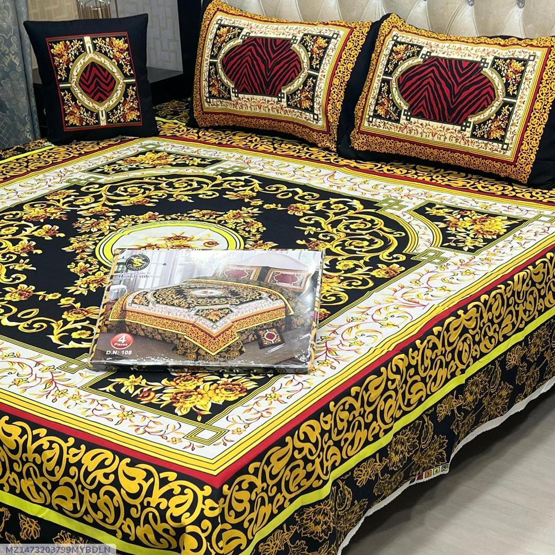 Crystal Cotton Double Bedsheet Set Mustard Gold Floral 4Pcs