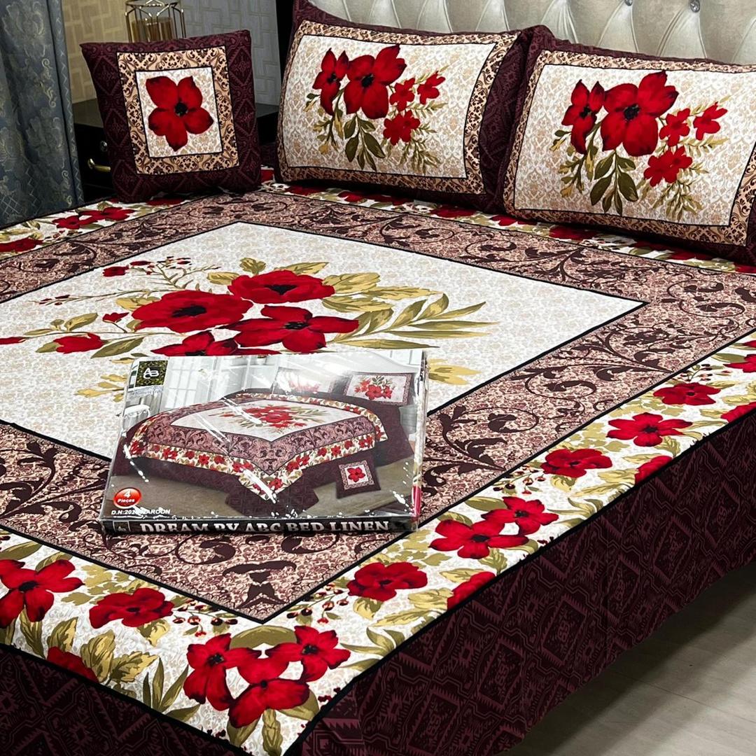4 Pcs Crystal Cotton Printed Double Bedsheet